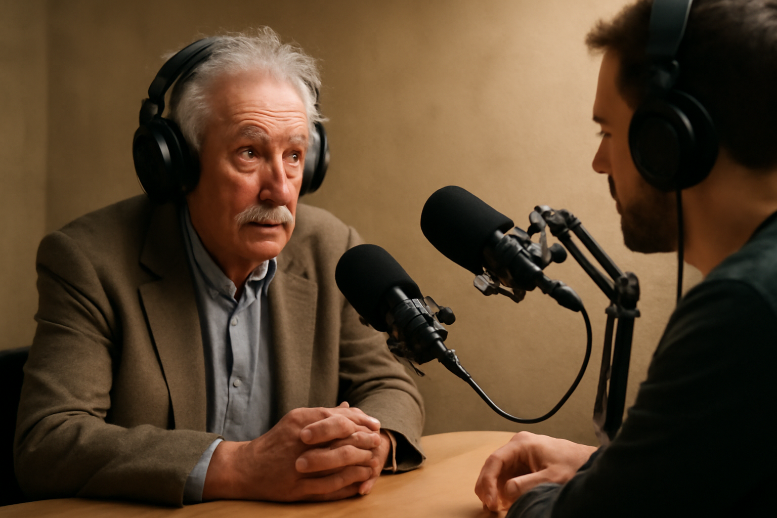 A physicist speaks into a podcast microphone in a quiet studio setting