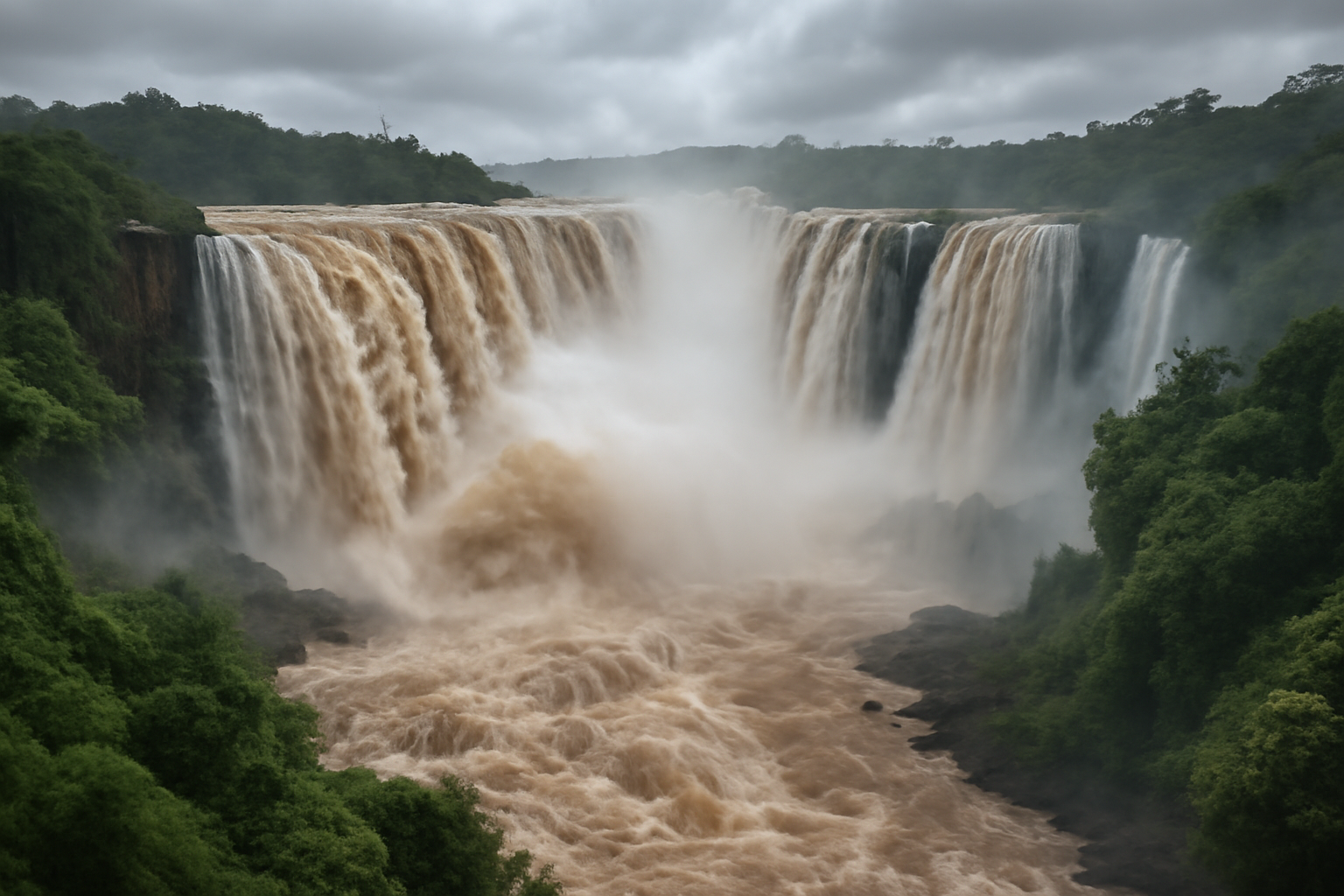 Wide cascades of Iguazu Falls churning with heavy brown floodwater between forested cliffs