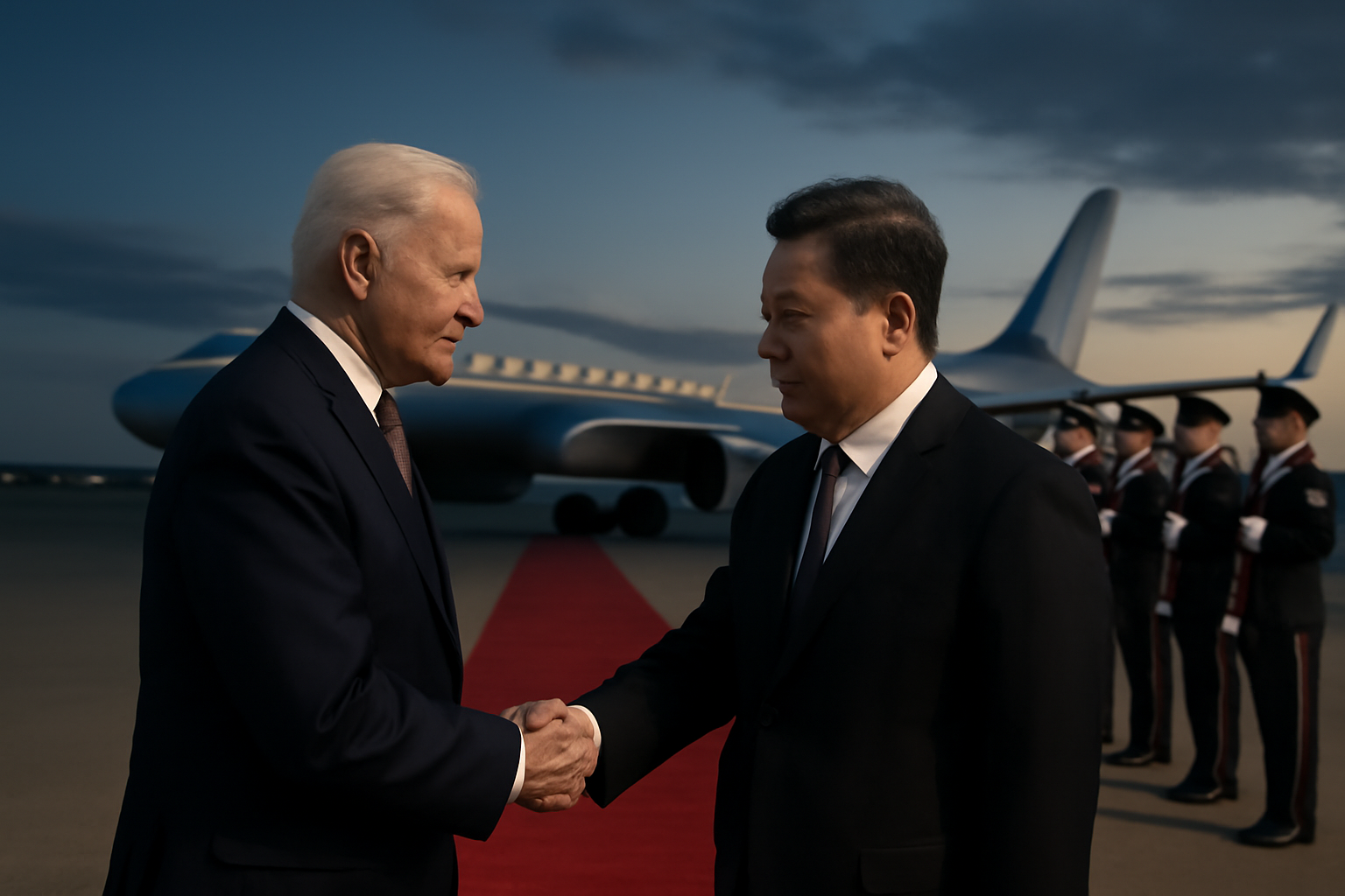 Xi Jinping and Peng Liyuan walk a red carpet at Joint Base Andrews as Donald and Melania Trump greet them