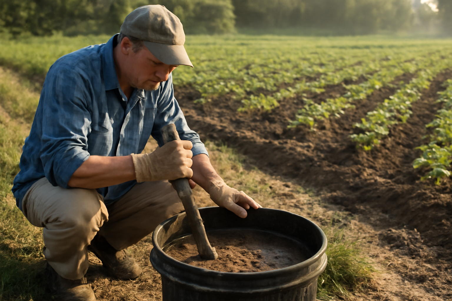 A farmer stirring a bucket of homemade fertilizer on a small plot of farmland.
