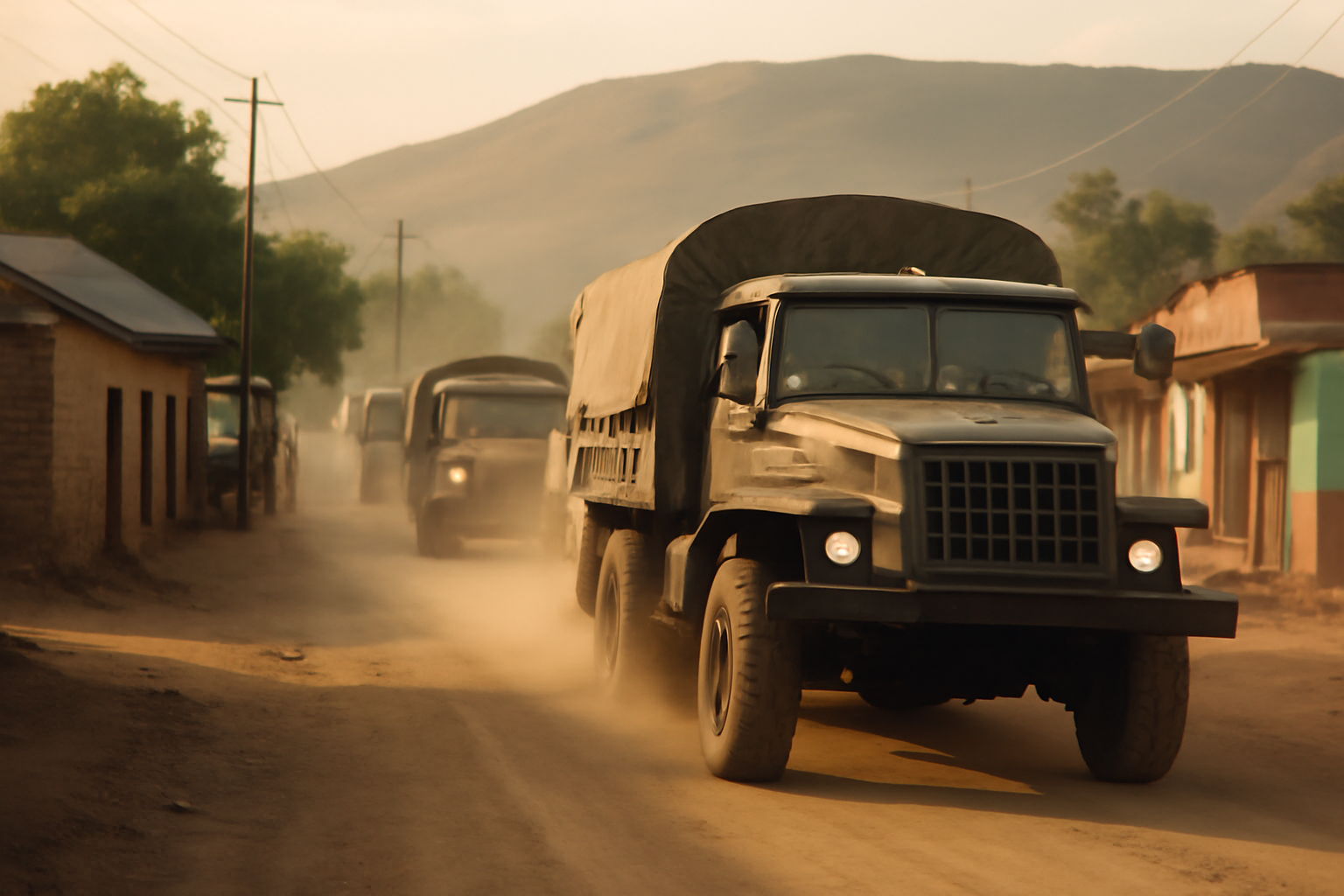 Military vehicles moving along a dirt road through a rural town in the Horn of Africa at dusk