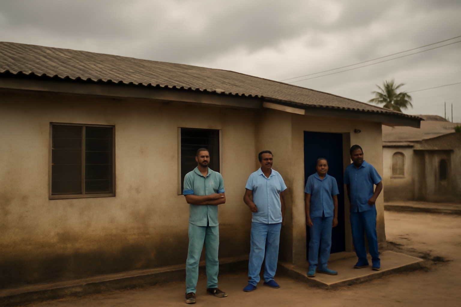 Health workers standing outside a clinic building in a West African city