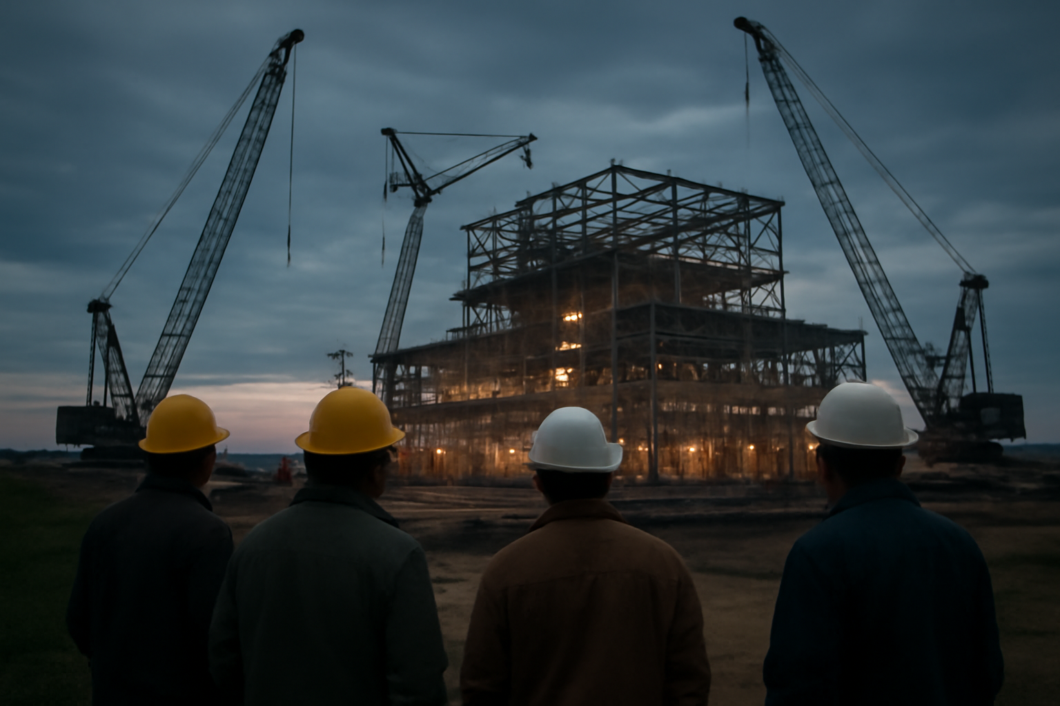 Steel mill construction site with industrial cranes against an Iowa sky