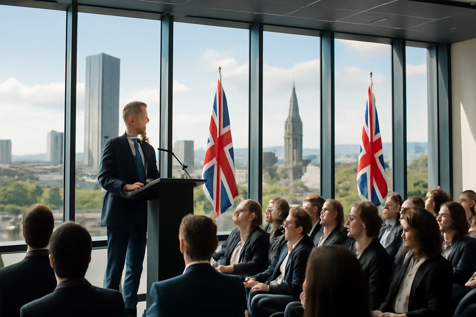 A business summit stage in Manchester with a podium and UK flag backdrop