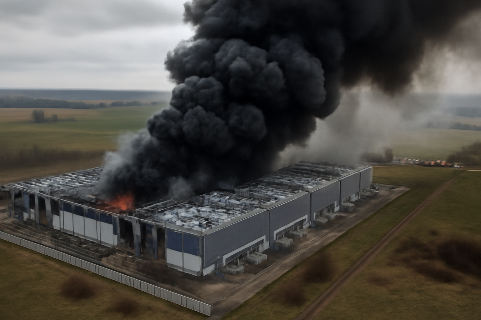 Smoke rising from an industrial data center building after a drone strike in Russia
