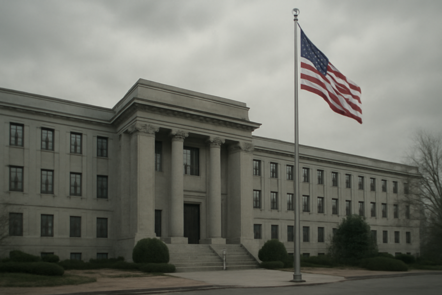 Exterior view of a government building with a flagpole under an overcast sky