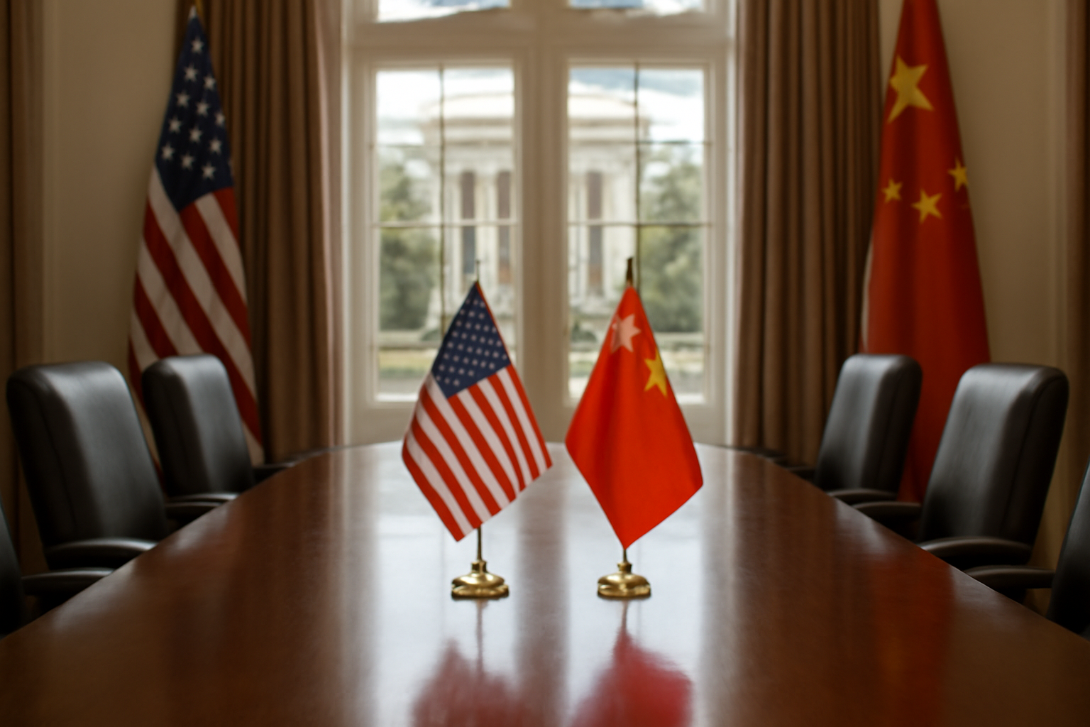 American and Chinese flags positioned on a formal meeting table in a Washington conference room