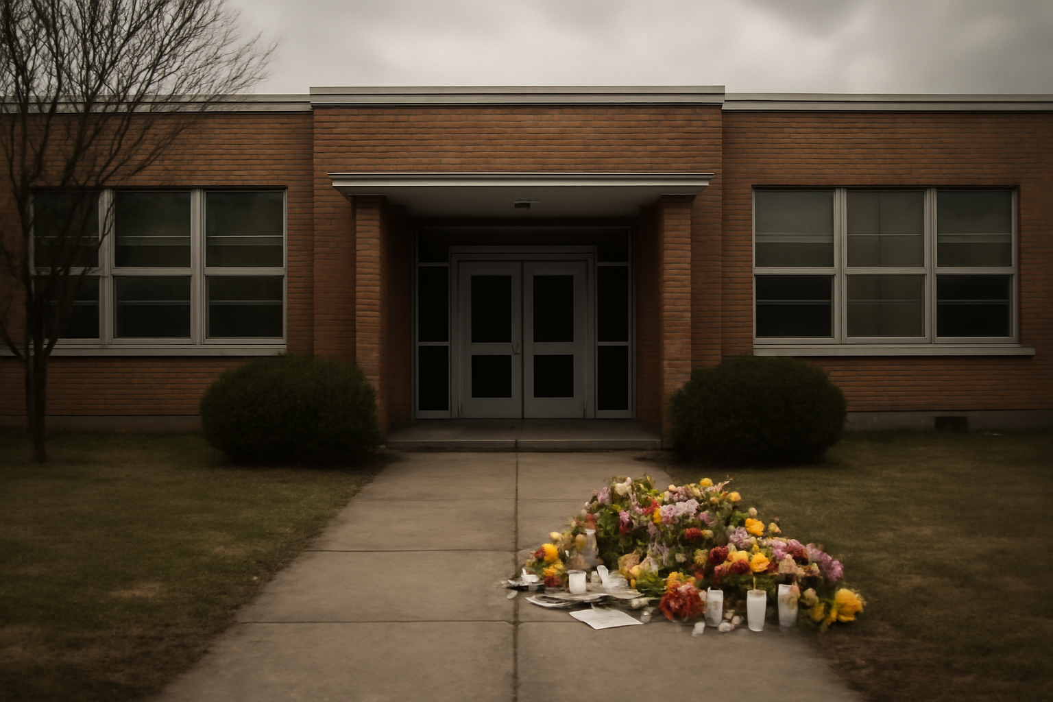 Flowers and candles left outside an elementary school building as a memorial