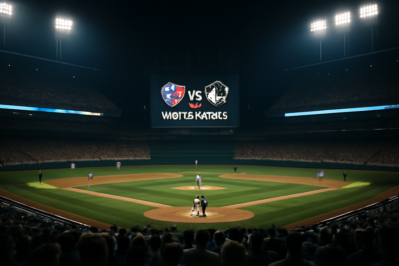 Baseball stadium scoreboard showing World Series matchup between Milwaukee and Tampa Bay under stadium lights