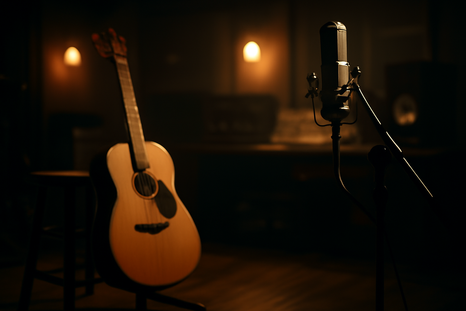 Acoustic guitar and microphone on a dimly lit studio stage set for a country music recording session
