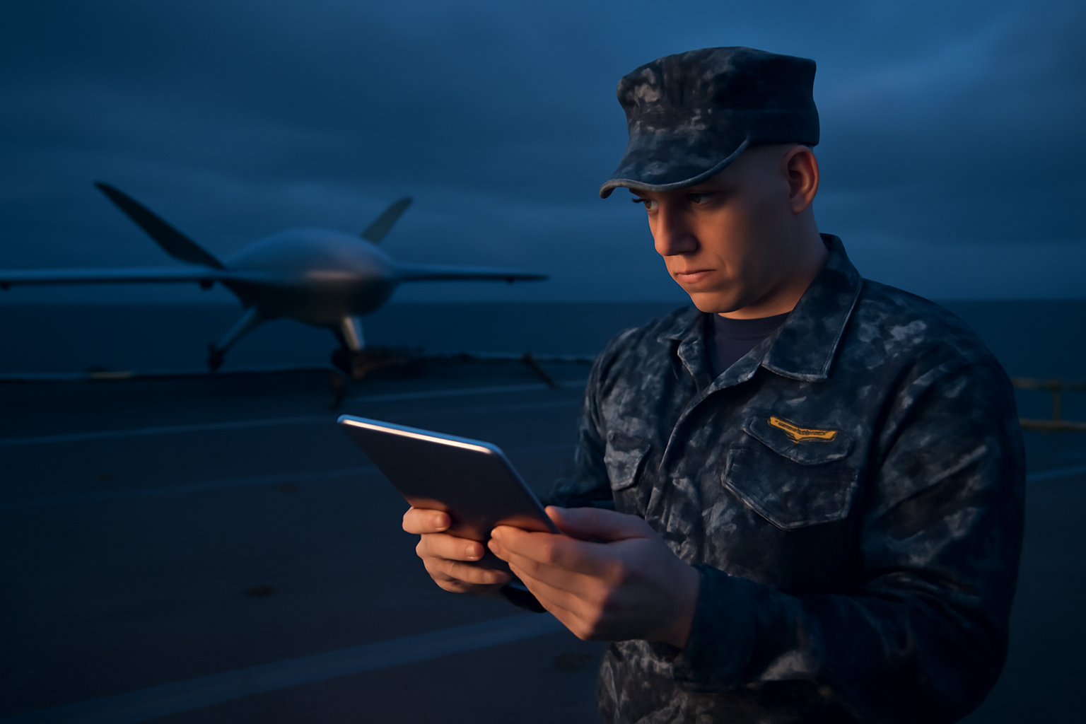 Naval officer reviewing technology procurement documents aboard a ship deck at dusk