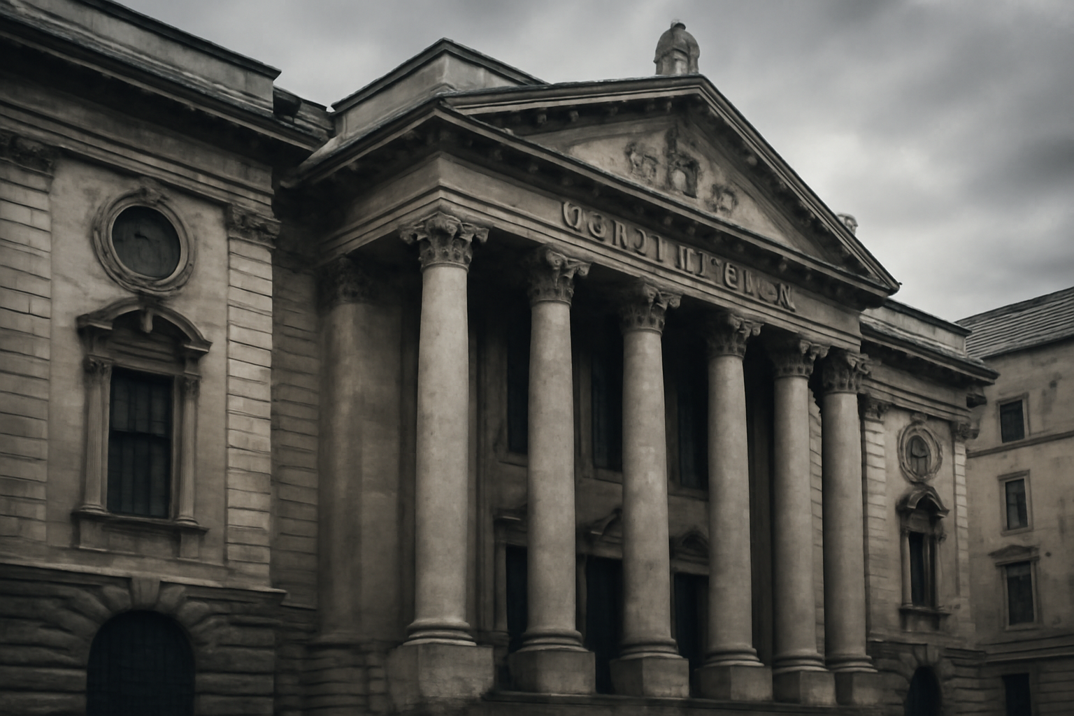 Exterior view of a London courthouse facade with stone columns under an overcast sky
