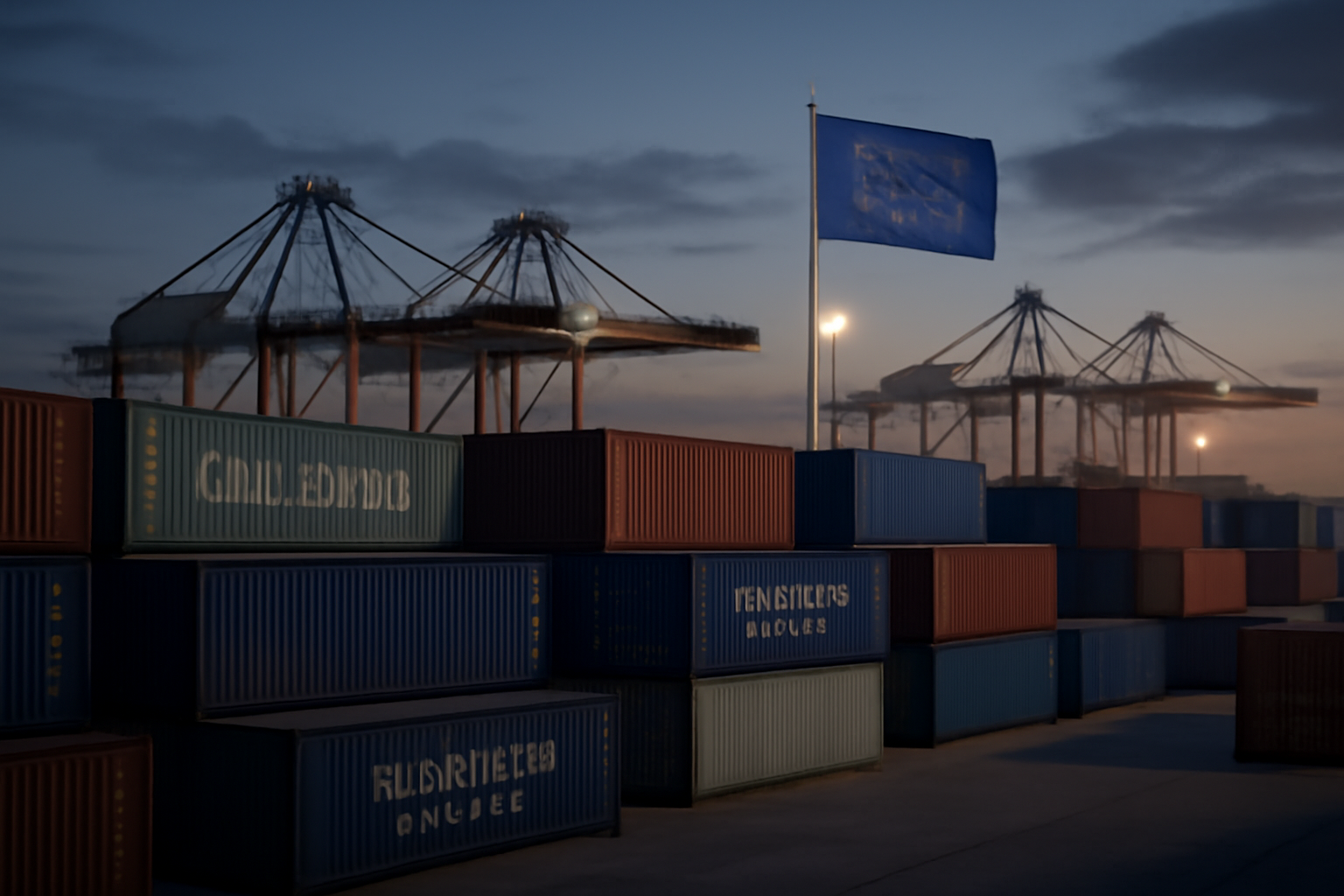 European Union and Chinese shipping containers stacked at a European port under overcast sky