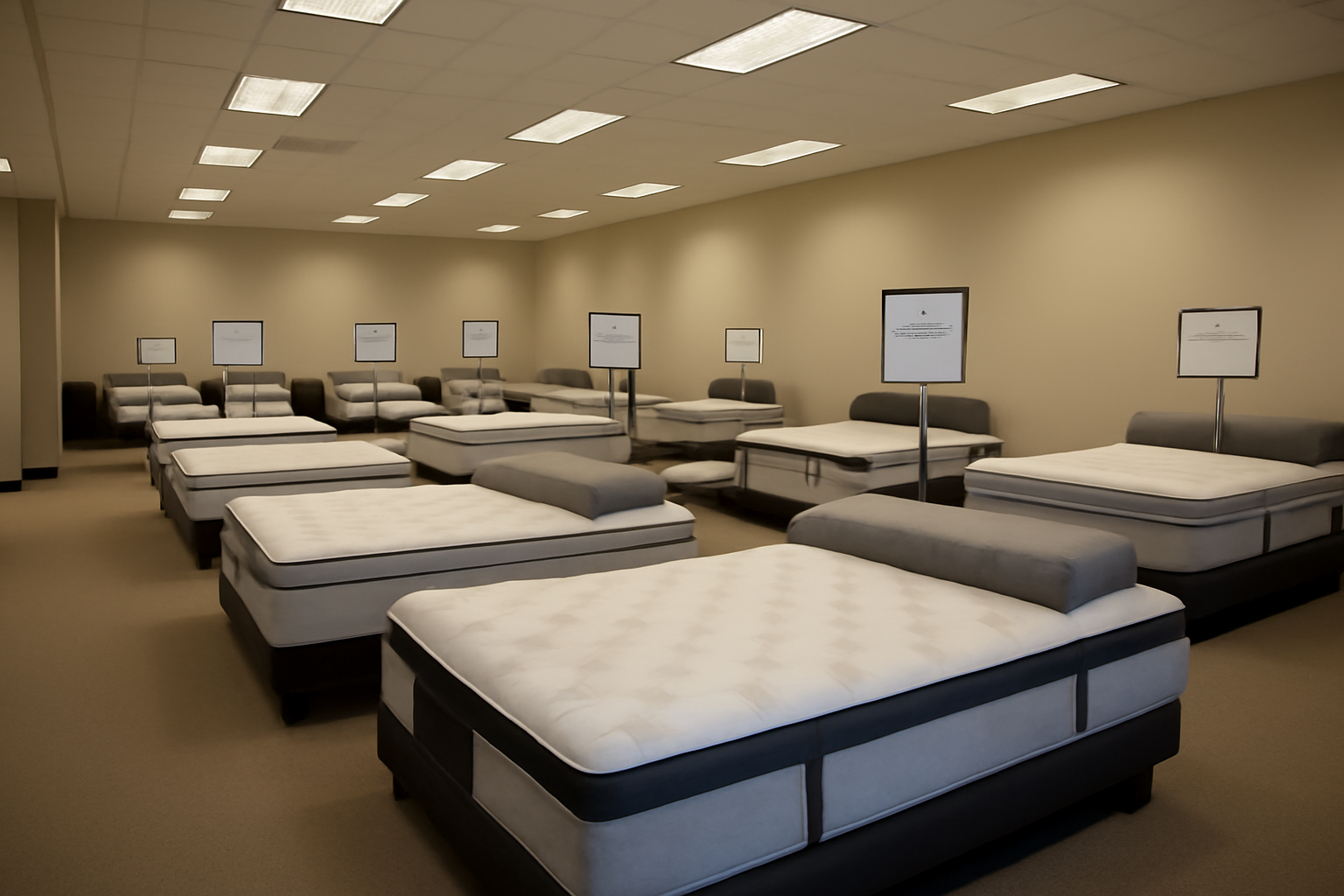 A neatly made mattress on a store floor display with a price tag and adjustable base visible nearby