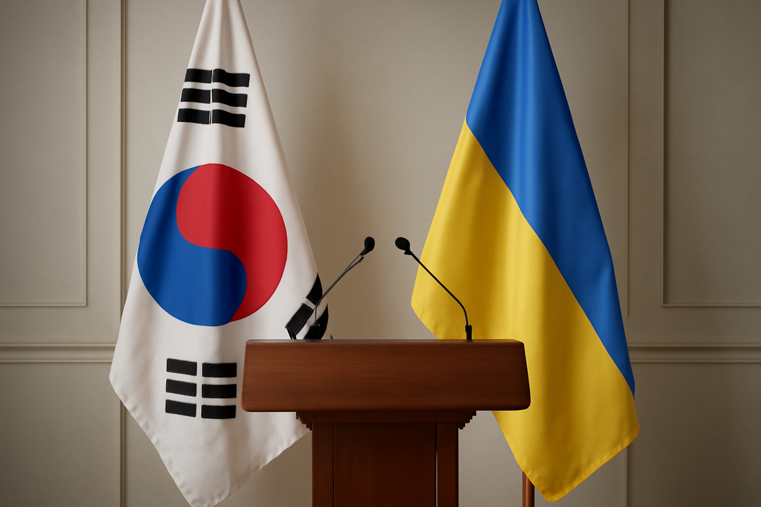 South Korean and Ukrainian flags displayed near a government building podium