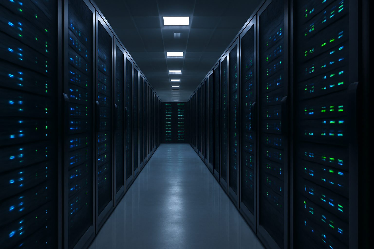 Data center server racks with glowing blue processing units representing AI infrastructure