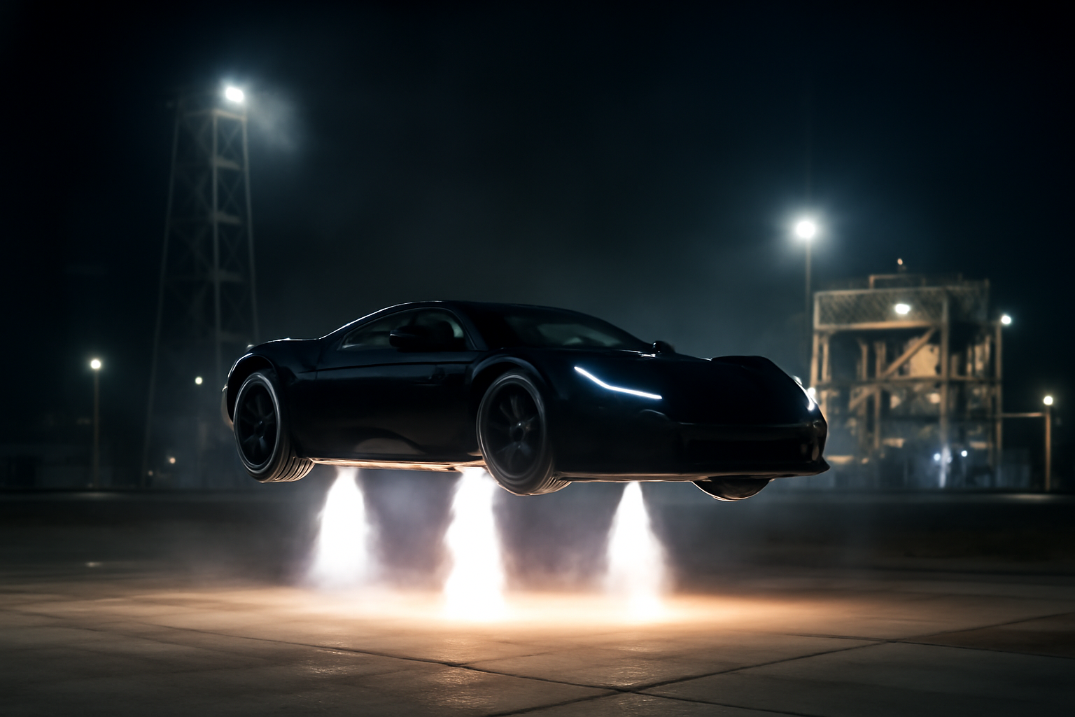 A dark sports car hovering several feet above pavement with visible thruster exhaust at a desert test facility at night