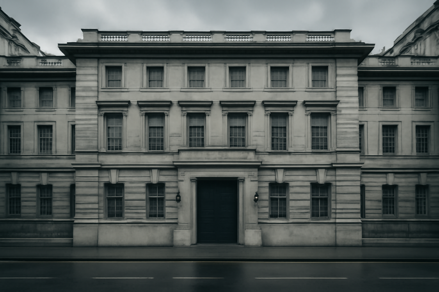 Exterior of a government security building in London under overcast skies