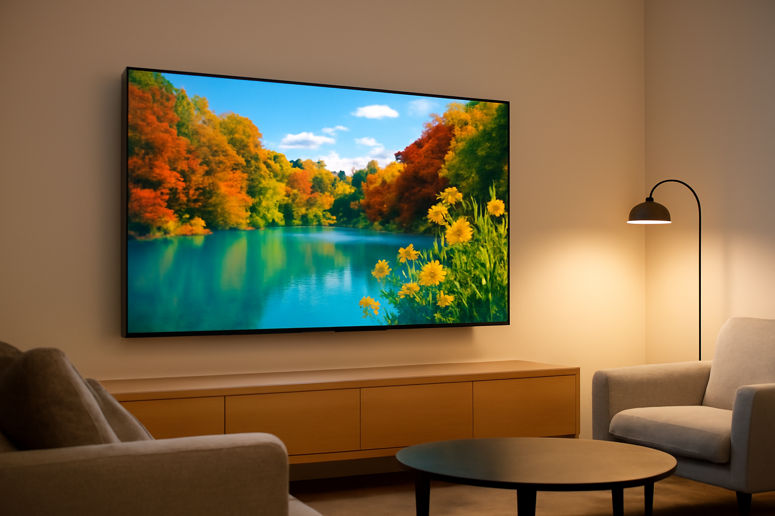 A 75-inch LG RGB LED television displaying a bright colorful scene in a living room
