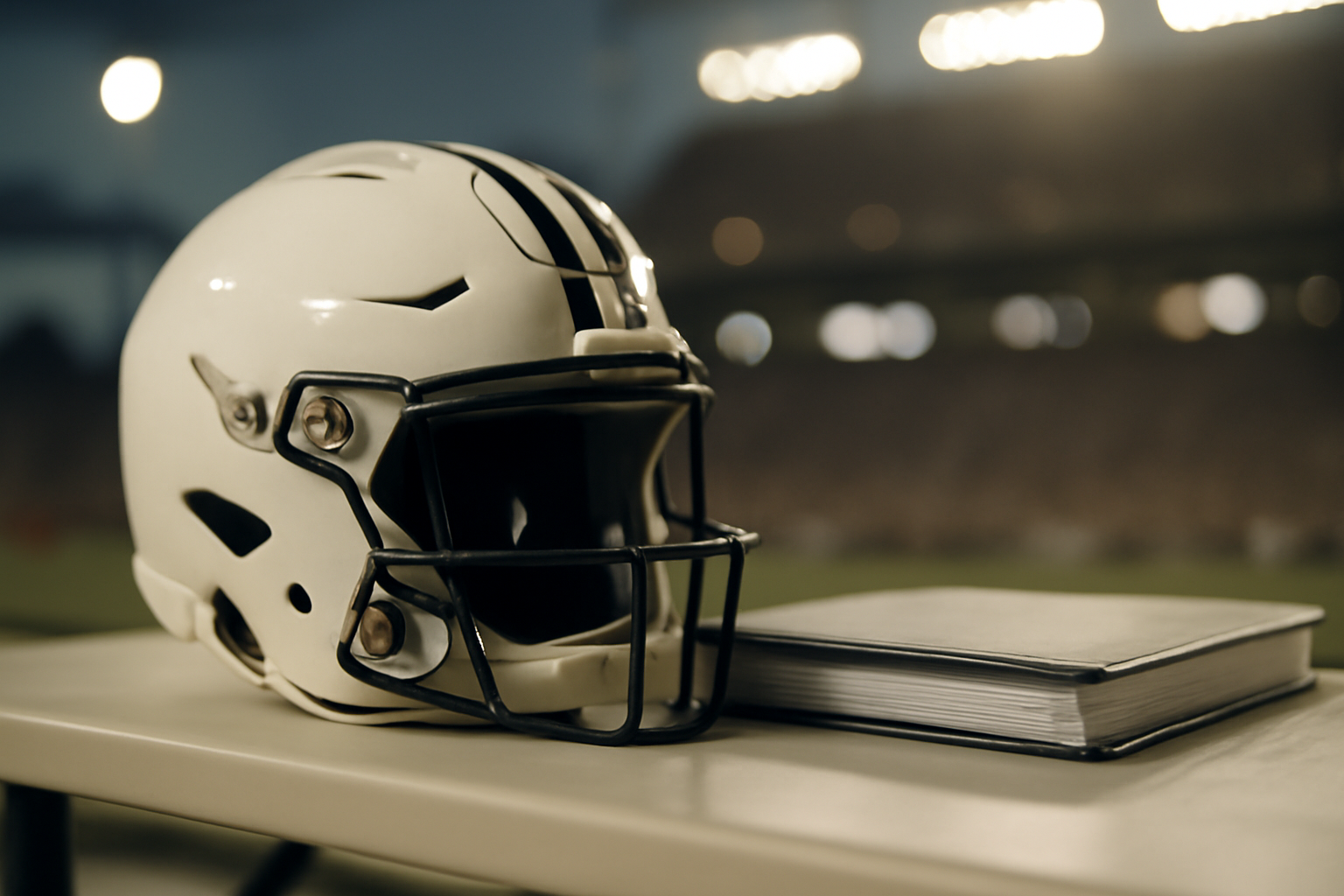 Auburn Tigers football helmet and playbook on a stadium sideline table