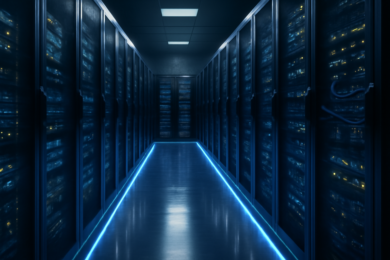 Rows of server racks lit by blue cable lighting inside a dim data center