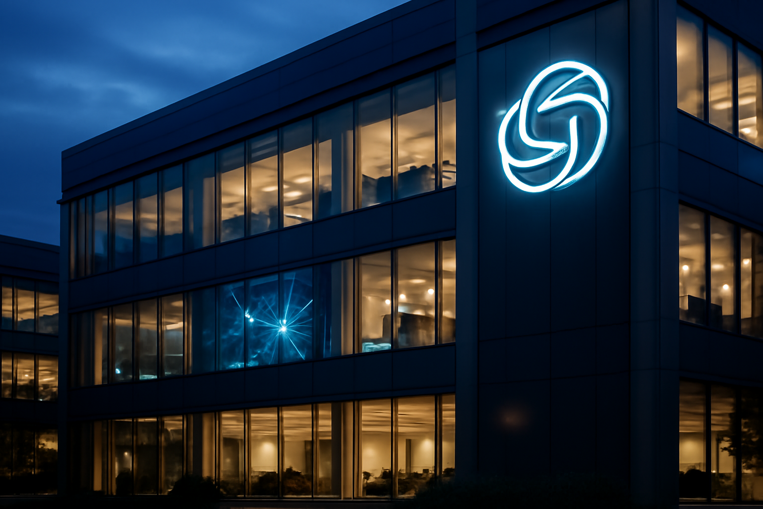 Meta company signage outside a glass office building with a stylized AI interface glowing on a nearby screen