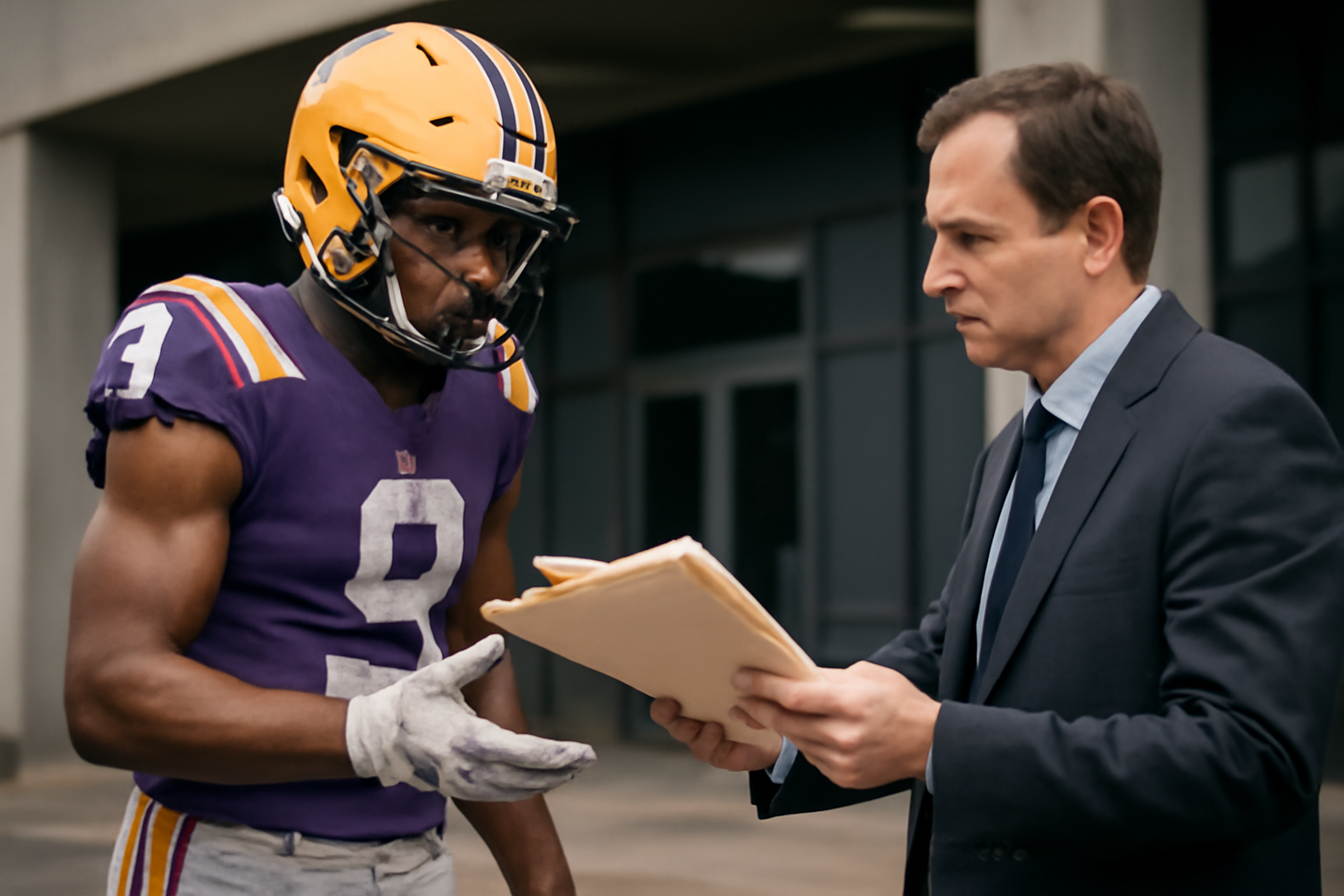 LSU football player receiving legal documents