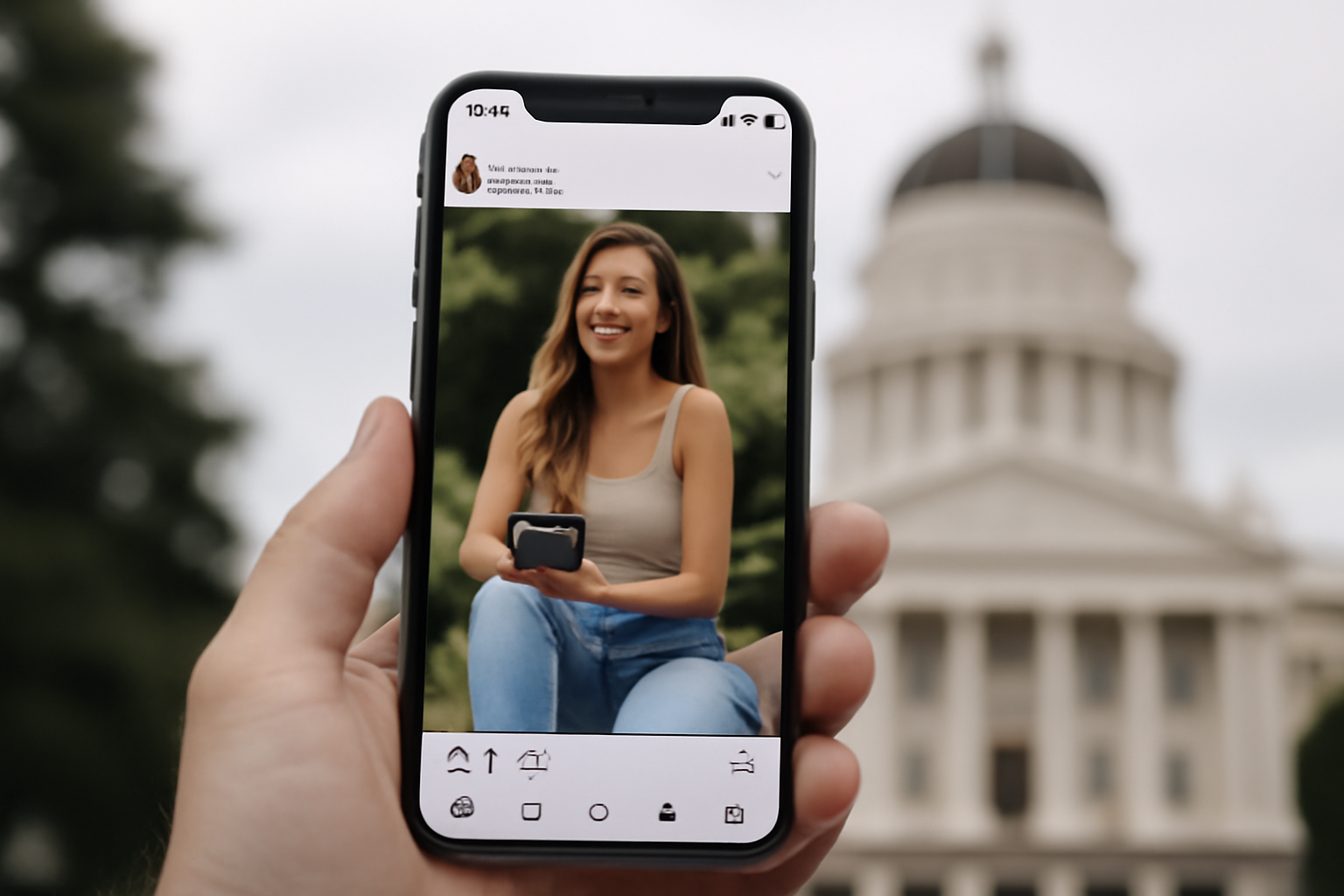 A smartphone screen showing a social media post with a paid partnership disclosure label overlaid on a California state government seal