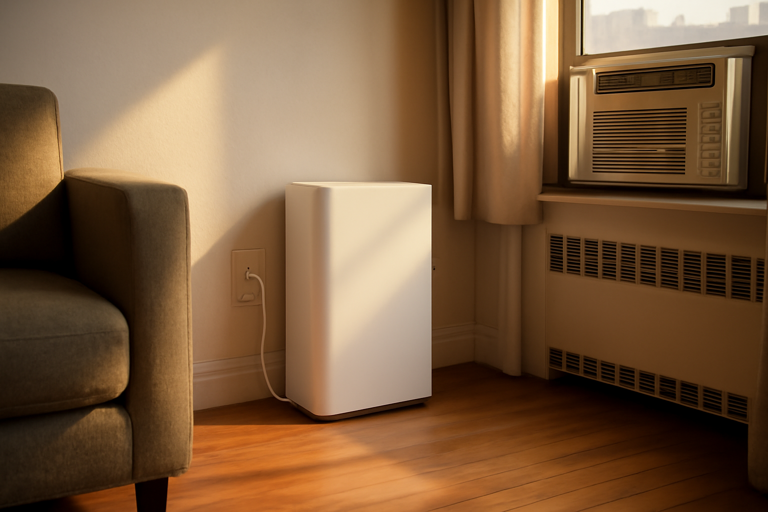 A household battery unit plugged into a wall outlet beside a window air conditioner in a New York City apartment