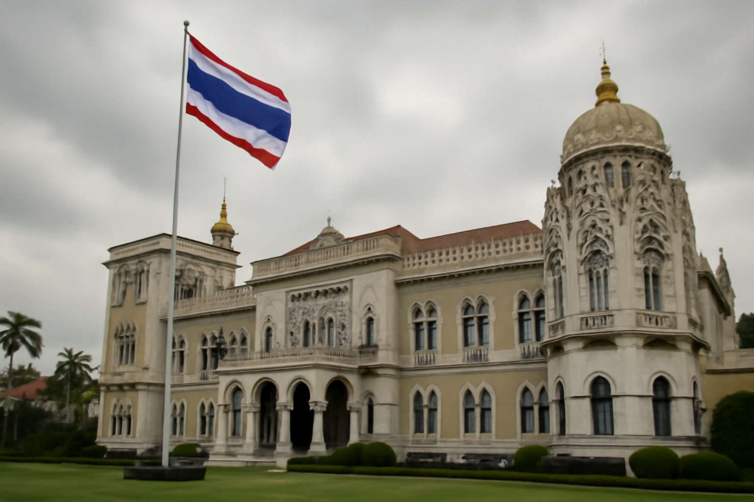 A government building in Bangkok with the Thai national flag against an overcast sky