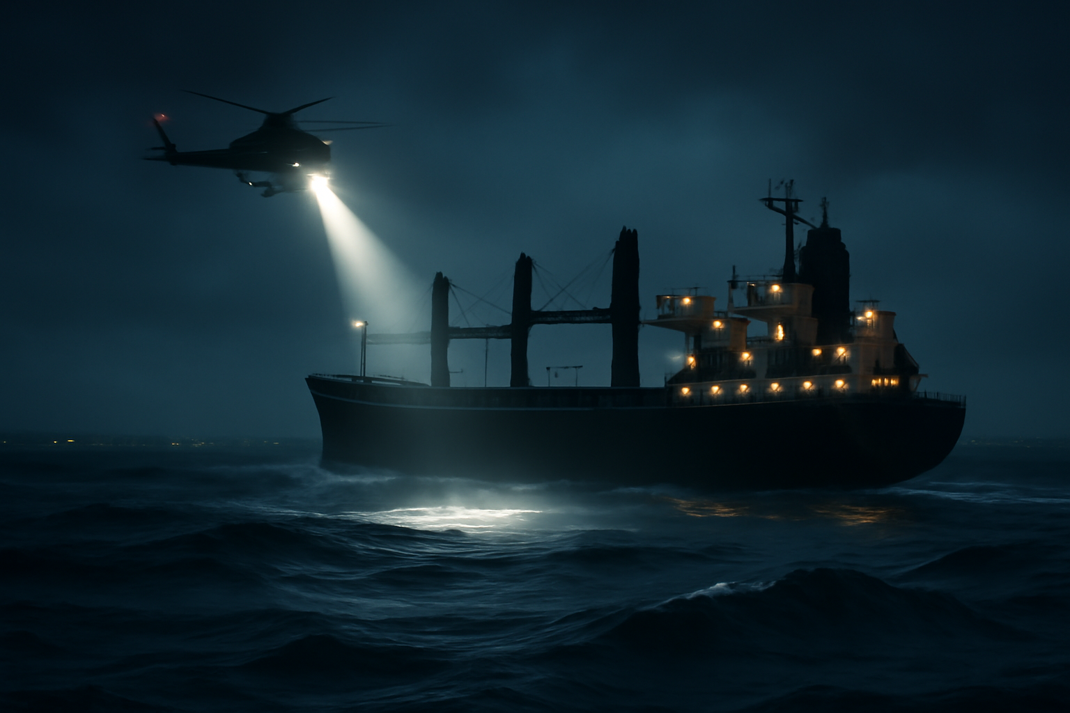 Cargo ship navigating dark Black Sea waters under a patrol helicopter spotlight