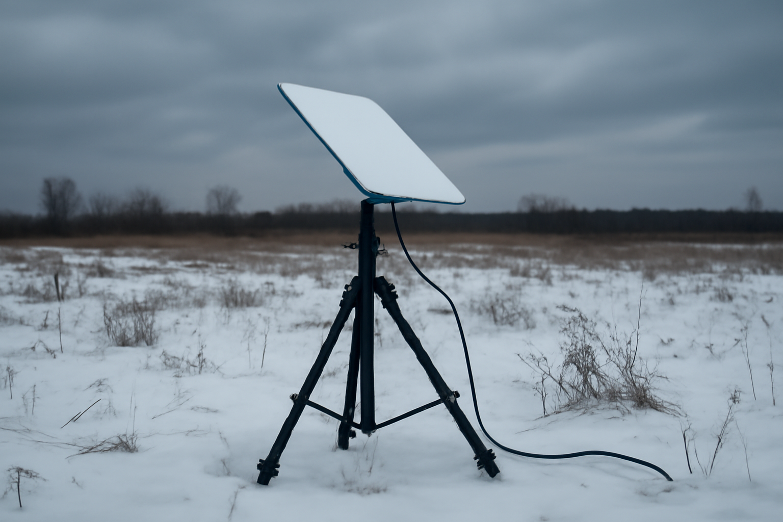 Satellite dish terminal in a snowy field under a cloudy European sky