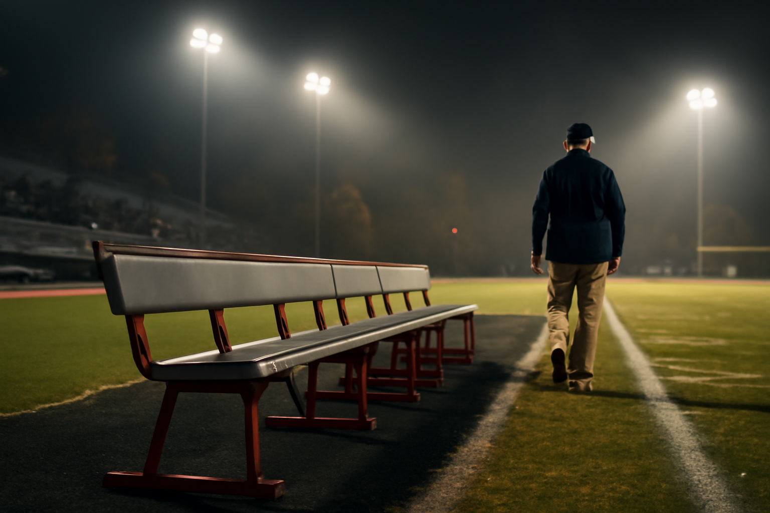 A college football defensive coordinator stands alone near an empty sideline bench under stadium lights