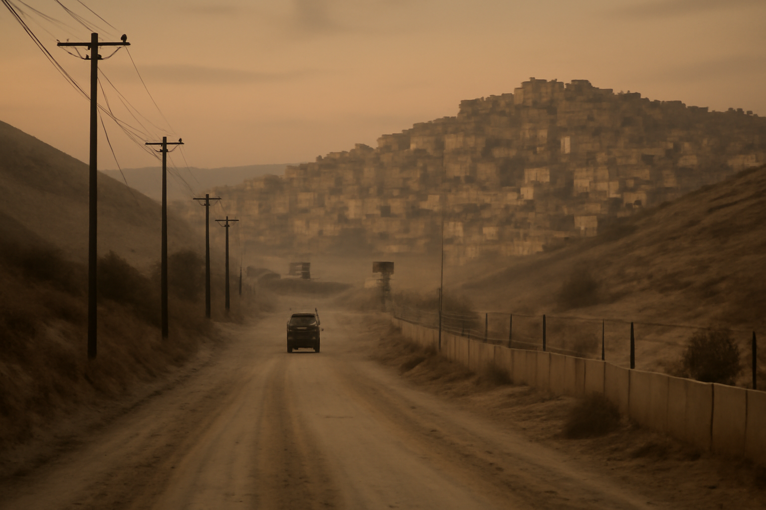 Dusty hillside road leading into the Yemeni city of Taiz with distant mountain checkpoints