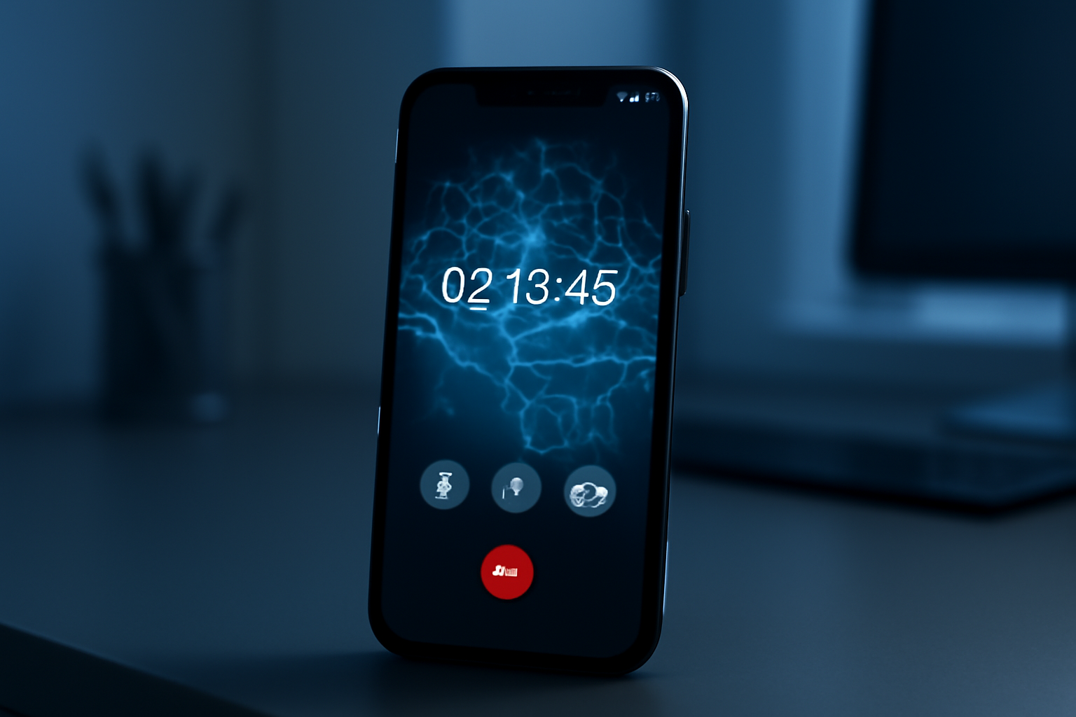 A smartphone screen showing a long scam call timer next to a glowing AI chat bubble icon