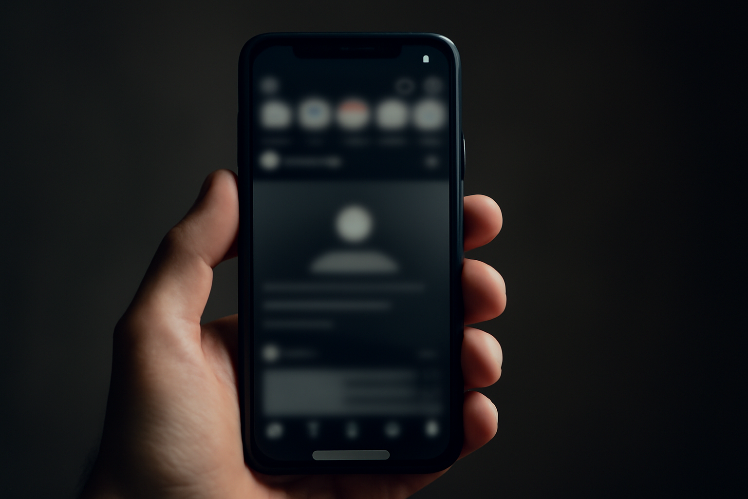 Smartphone screen displaying a blurred social media profile page in dim studio lighting