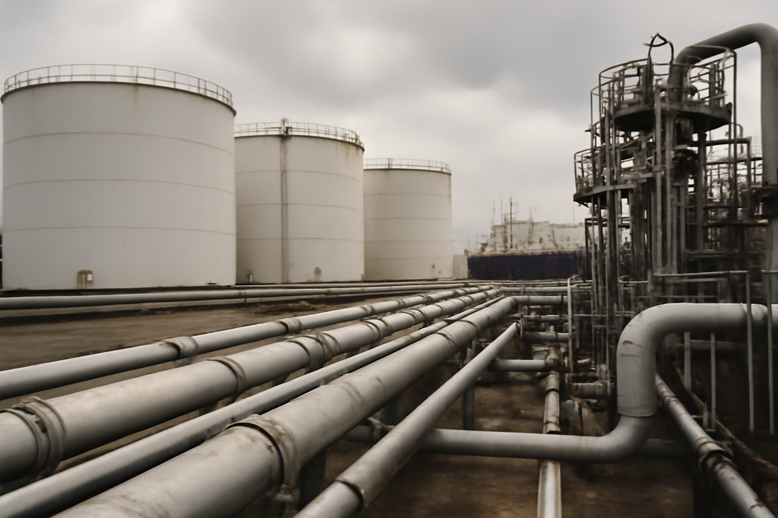 Diesel fuel tanks and pipeline infrastructure at a U.S. export terminal under overcast sky