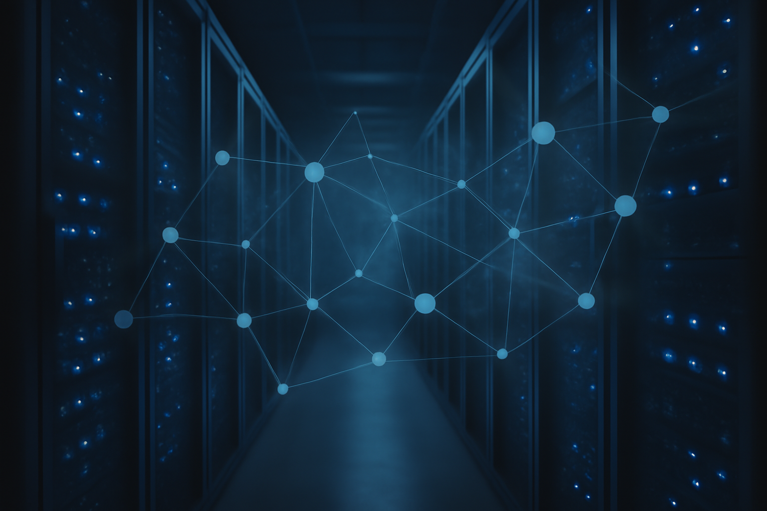 Server racks with a glowing network diagram overlay suggesting an automated intrusion