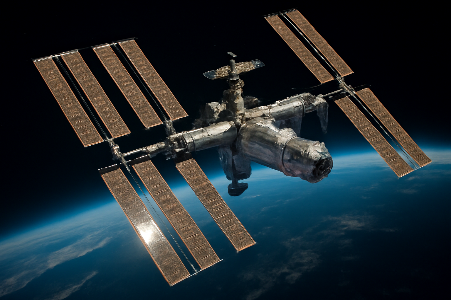A modular commercial space station with solar arrays orbiting above Earth's blue curve
