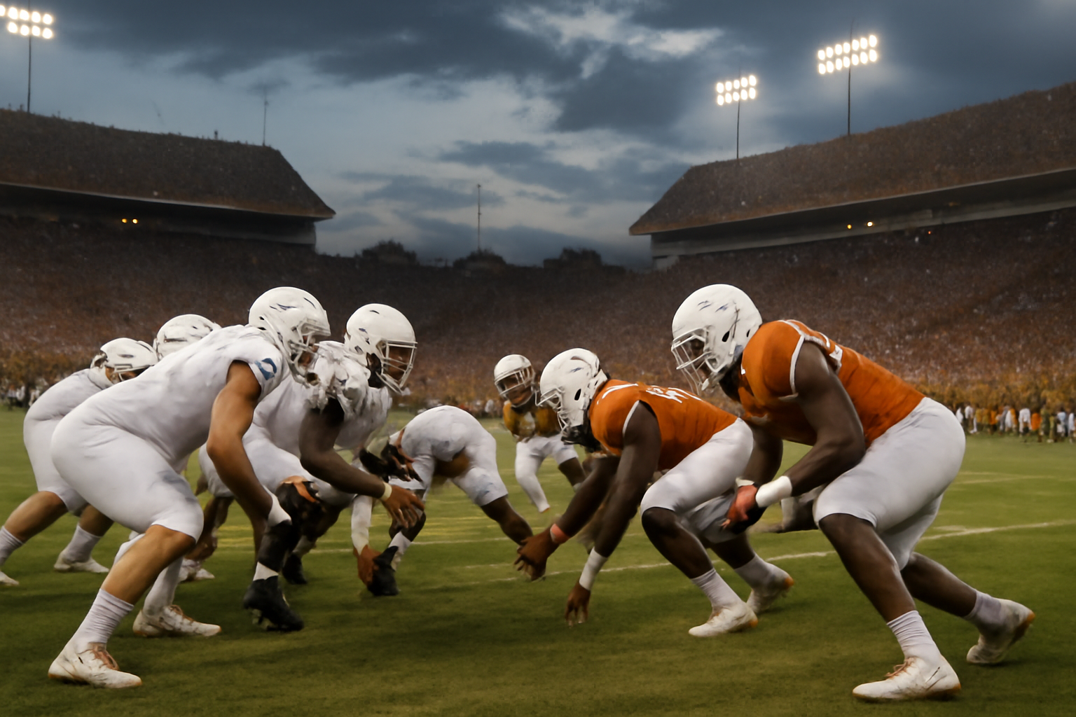 Football players in white and orange uniforms colliding near midfield under stadium lights