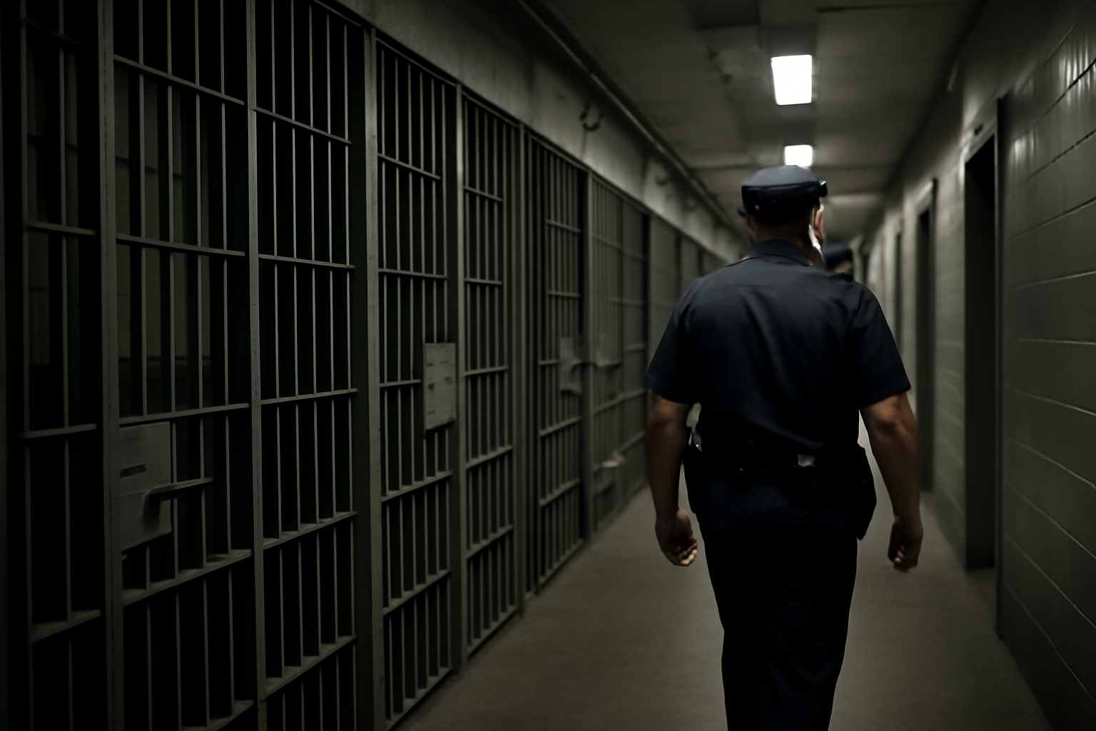 Correction officer walking through a cell block corridor at a New York City jail facility