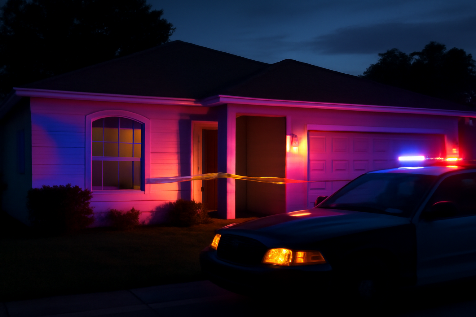 A modest single-story house in a Florida residential neighborhood with police tape near the entrance