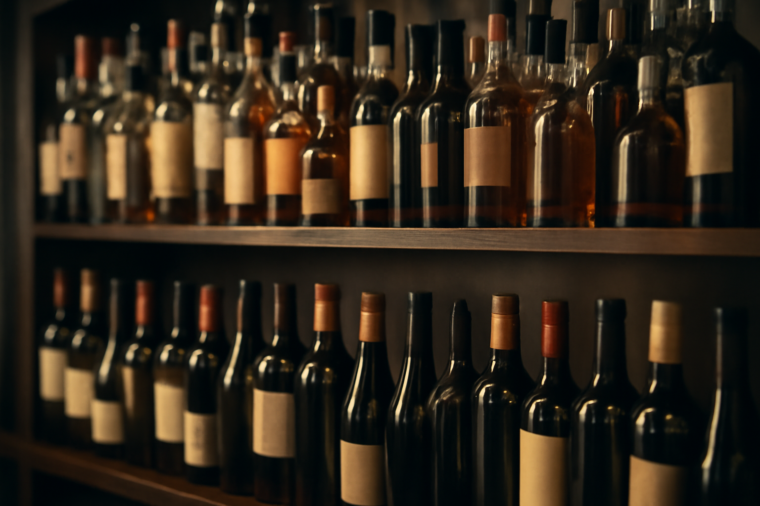 Rows of spirits and wine bottles on a bar shelf with soft studio lighting