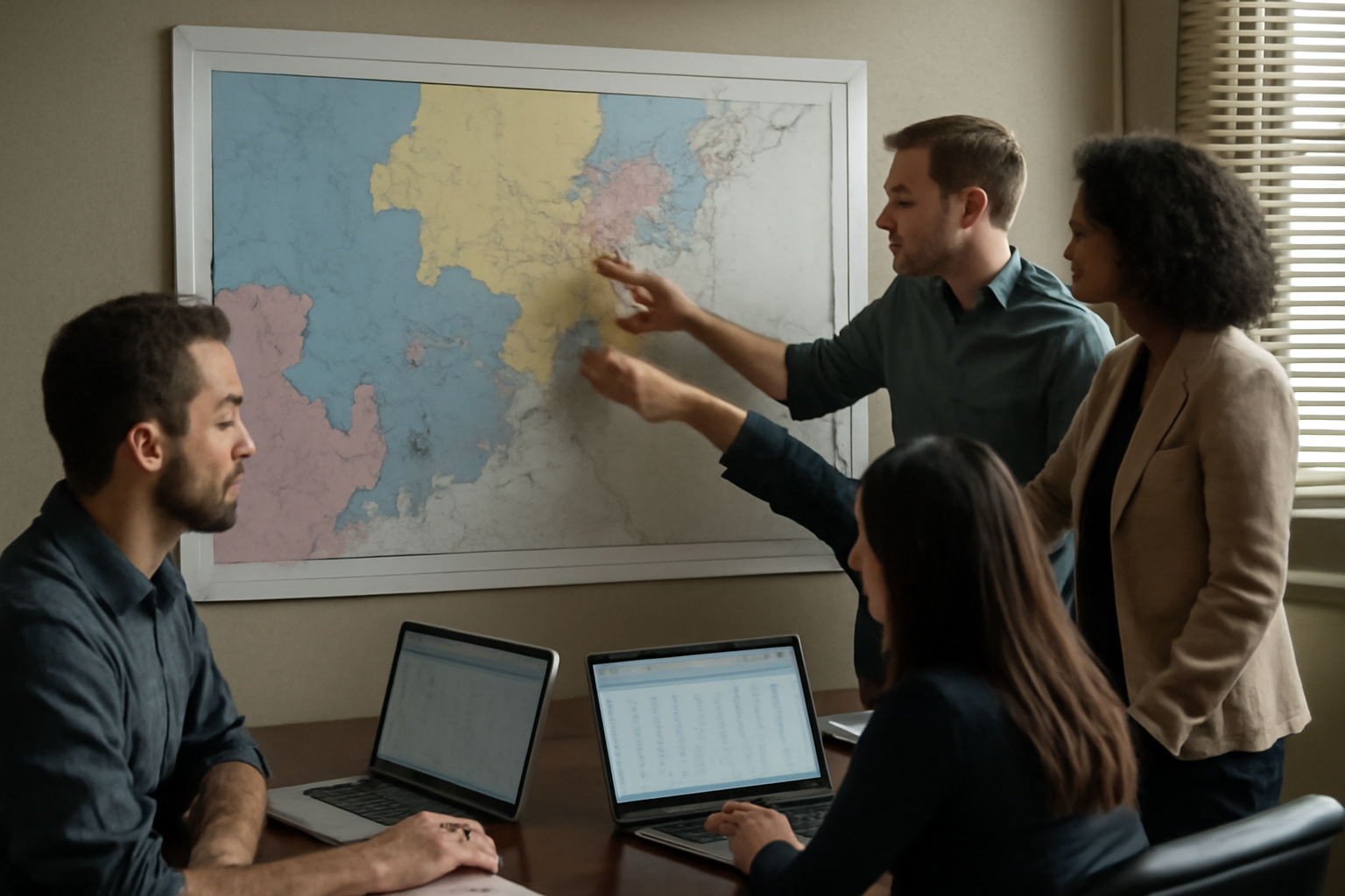 Campaign staff reviewing district maps and spending charts in a war-room office setting