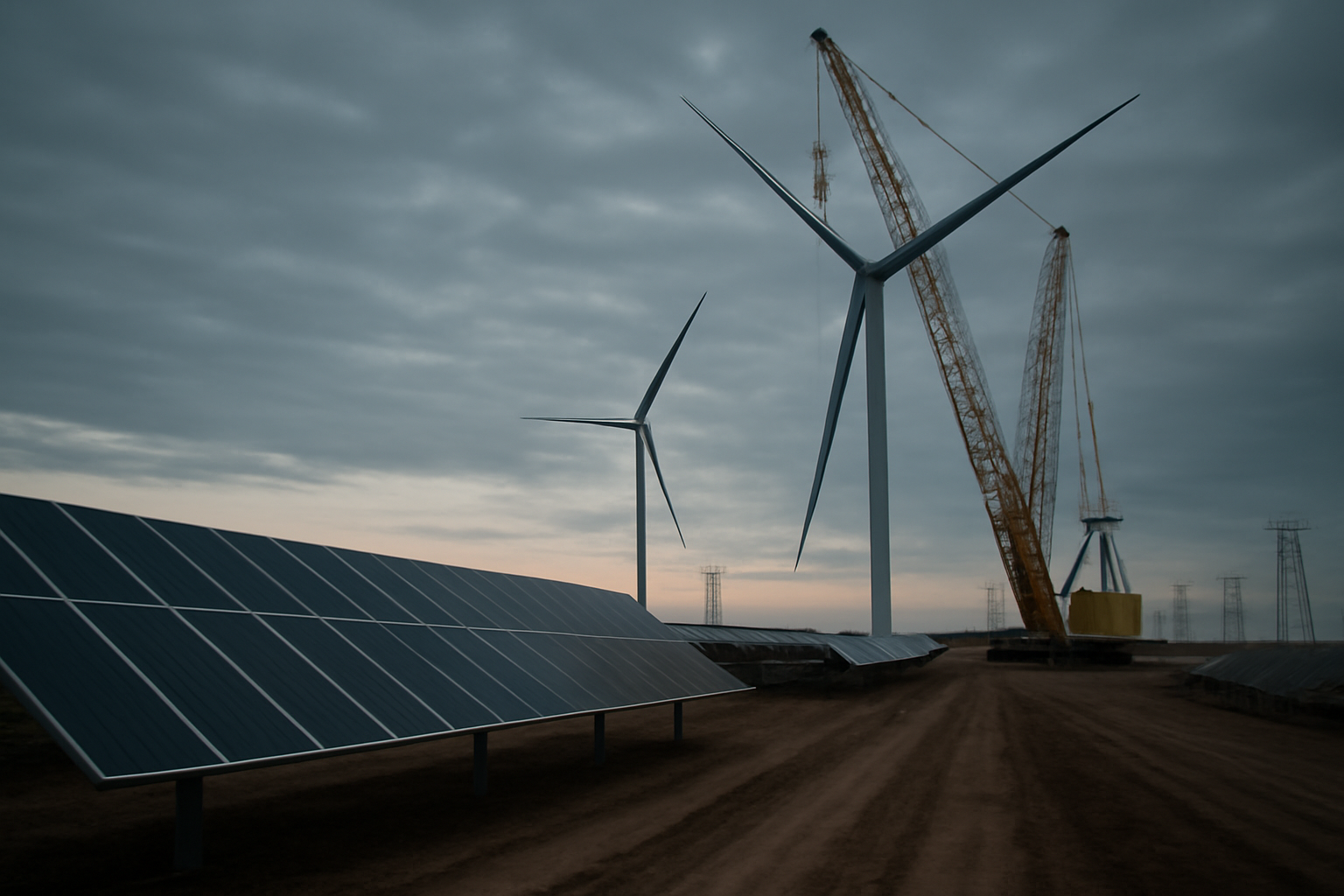 Solar panels and wind turbines under construction near a US transmission line at dusk
