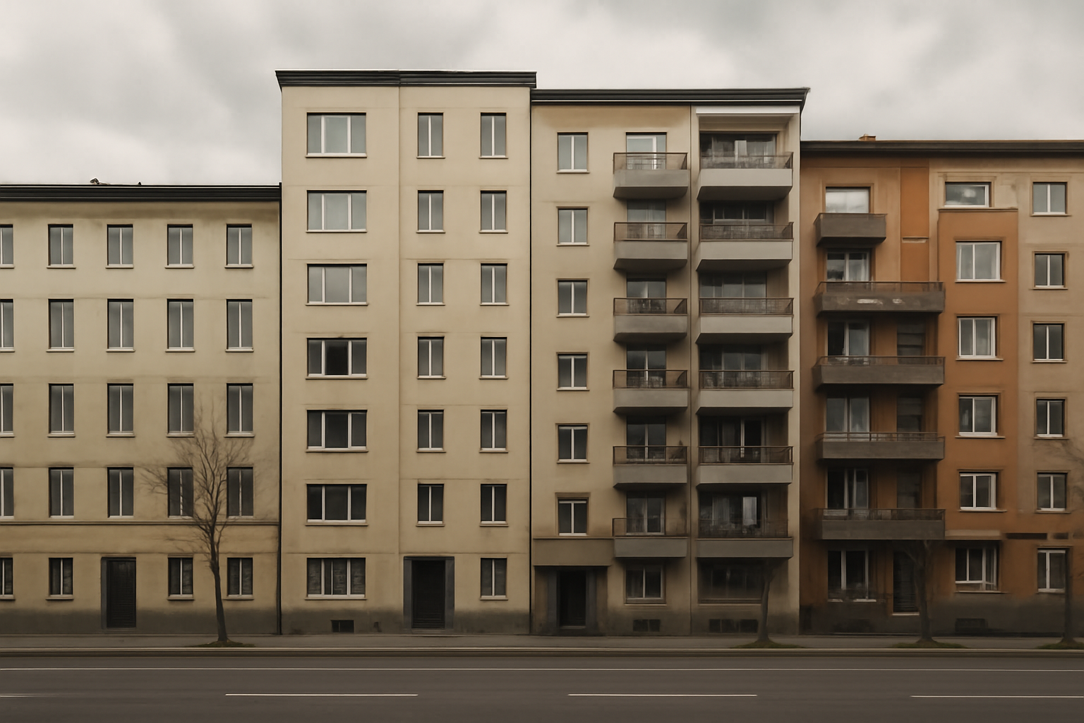 Apartment buildings in a dense Berlin residential neighborhood under an overcast sky