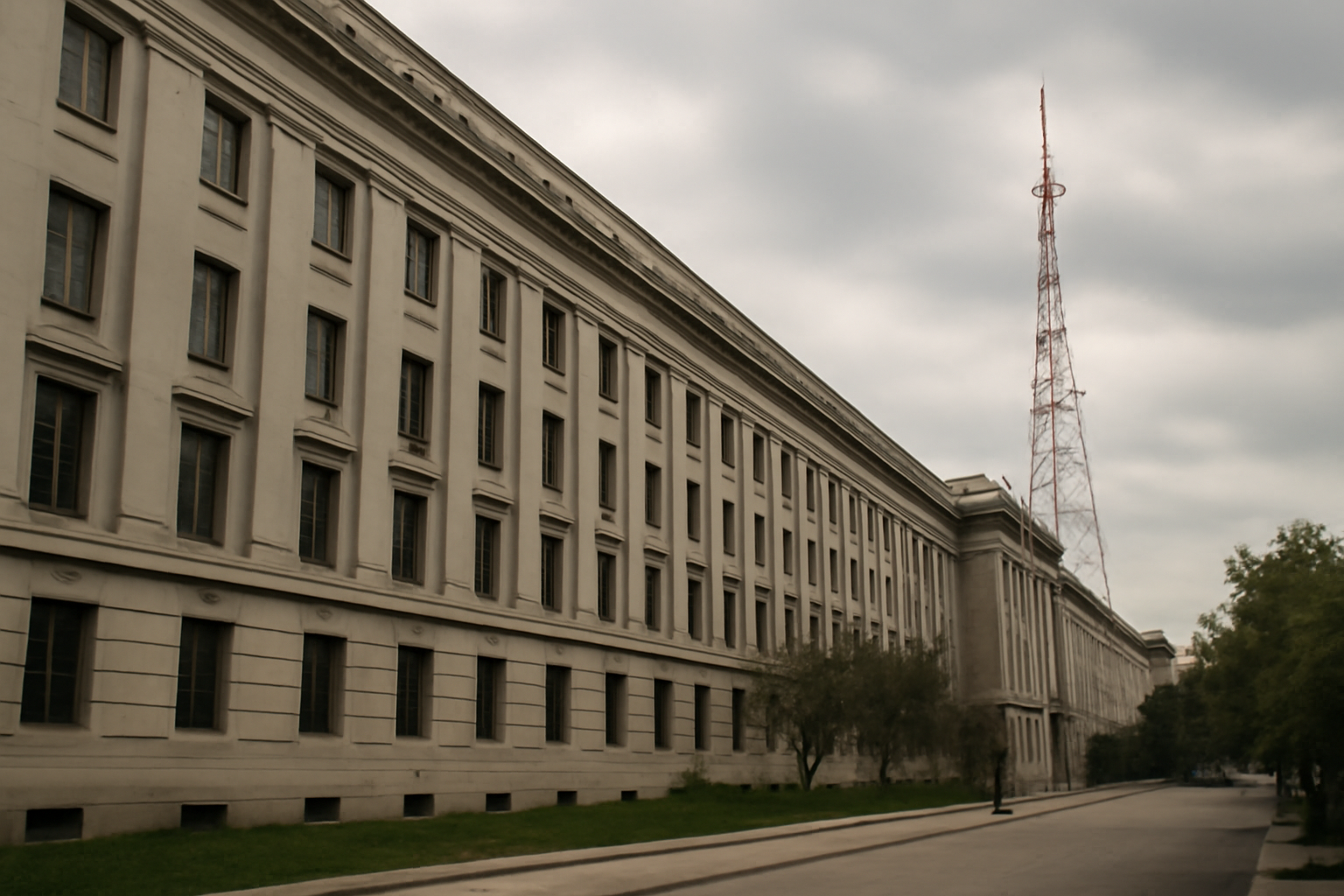 Exterior view of a federal regulatory building with a television broadcast antenna in the background