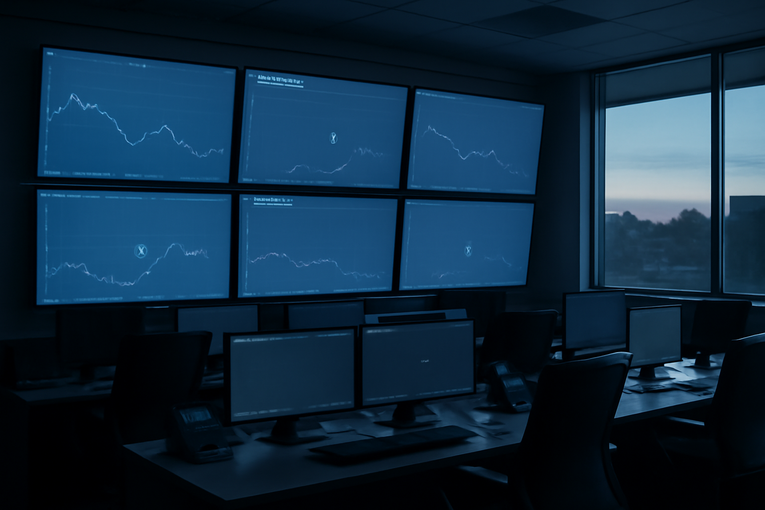 Empty financial trading floor with blank bond yield screens
