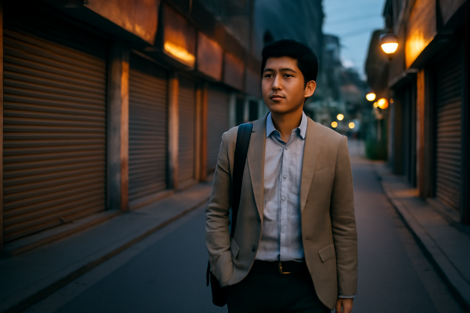 A young professional in Beijing walking past a row of shuttered storefronts at dusk
