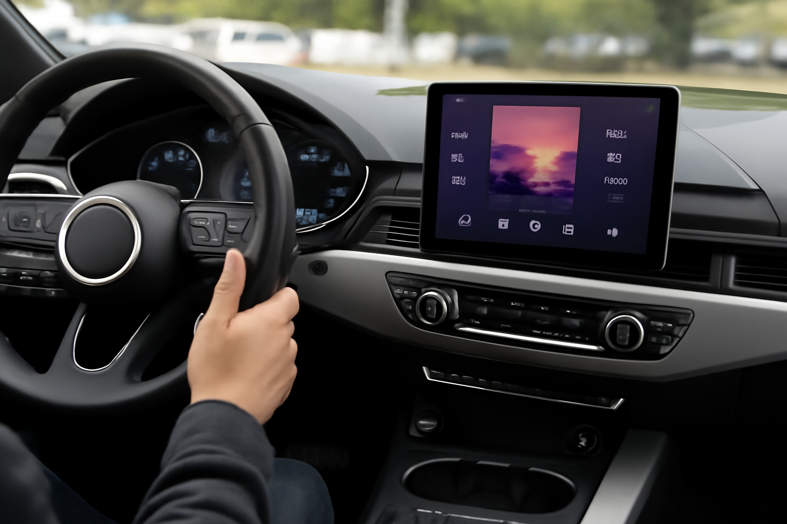Audi dashboard touchscreen displaying the Spotify app running natively without a connected phone